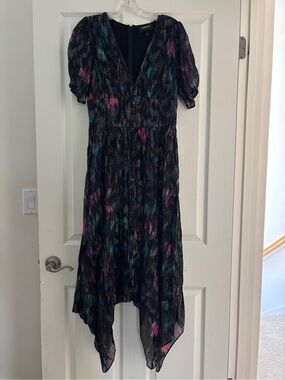 The Kooples Metallic Black V-Neck Plunge Handkerchief Hem Dress  Sz S